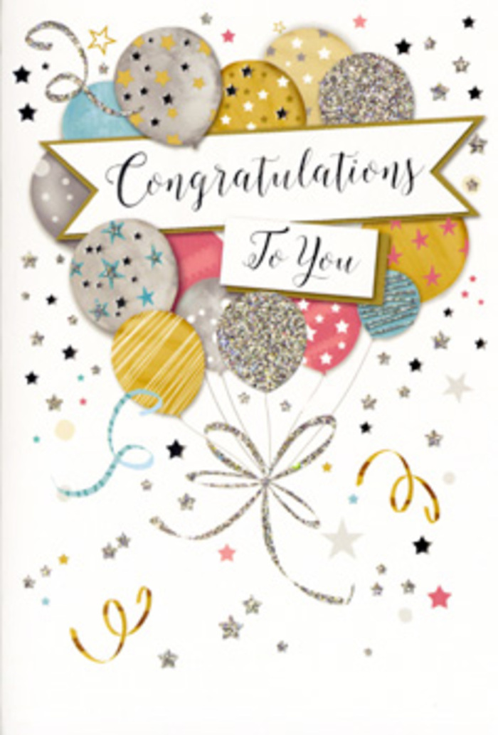 The congratulations card in this image has the air of a gentle, sophisticated celebration, like a toast shared after a happy gathering in Walthamstow Village. Its design is anchored by a generous cluster of balloons rising through the centre, layered thoughtfully so that no two shapes or patterns are quite the same. Soft metallic gold and silver dominate, joined by muted champagne, pastel pink, misty blue, and calm grey, all arranged in a way that feels airy yet intentional, as if curated by an experienced stylist. Each balloon is embellished with fine detailing: some are dusted with tiny glittering stars, others lined with narrow metallic stripes, and a few display scattered dots that glimmer as though catching late-afternoon light streaming through a café window on Orford Road. Thin, curling ribbons trail from the base of the balloons, illustrated in sweeping strokes of gold and silver that loop and twist with a light, carefree rhythm. They form an elegant visual anchor at the bottom of the card, uniting the floating shapes above. At the centre, a refined banner unfurls, bearing the phrase Congratulations To You in graceful calligraphy that appears slightly raised, hinting at embossed or foil-stamped printing. The background is a pale, quiet canvas sprinkled with tiny starbursts and confetti-like curls, giving the sense of movement and soft excitement, like confetti suspended mid-air. Overall, the card feels celebratory but not loud - perfectly suited for graduations, promotions, new homes, or any meaningful milestone. As a local florist often pairing such cards with fresh arrangements for same-day delivery across Walthamstow, I see this design as the paper equivalent of a polished congratulations bouquet: elegant, joyous, and crafted to be remembered.