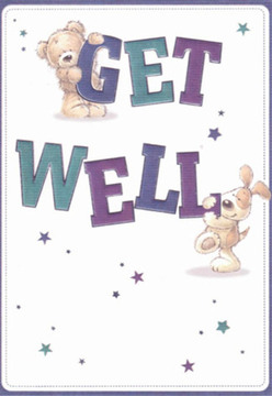This whimsically illustrated get well card captures the nurturing energy of Walthamstow's welcoming streets. Two adorable characters-a plush teddy bear and a sprightly puppy-interact with cheerful abandon, as if caught mid-play beneath the leafy boughs of Highams Park. The bear snuggles atop the purple 'GET', while the puppy, its velvety ears askew, leans lovingly beside the teal 'WELL', their expressions radiating hope and gentle affection. Around them, shimmering stars dance in shades of blue and lavender, each an emblem of local wishes stretching out like the blossoms in Walthamstow's flower market. The background's crisp lightness imbues the scene with a sense of renewal, much like a fresh bouquet delivered to someone's door in the area. There's an almost handcrafted quality to the textures-the bear's fluffy belly, the puppy's soft, reflective fur-making the image as tangible as petals between fingertips. Each detail feels arranged with the same care and intention Walthamstow Florist brings to comforting bouquets, turning a simple card and a bunch of flowers into a powerful message of hope, warmth, and community.