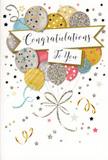 This congratulations card is a joyful, softly glamorous scene, reminiscent of the feeling when balloons appear at a surprise celebration in a cosy Walthamstow living room. At the centre floats a lush bouquet of illustrated balloons, each one distinct yet harmoniously arranged, overlapping in a gentle cascade that rises toward the top of the card. The colour palette is refined and comforting: brushed gold, polished silver, pale champagne, sky blue, blush pink, and a whisper of cool grey. Each balloon carries its own sparkling story, decorated with clusters of tiny metallic stars, fine stripes, or scattered glitter-like patterns that give the sense of texture and dimension. Slim ribbons unfurl from their bases, drawn in shimmering gold and silver lines that curl playfully along the bottom, as though swaying in a light indoor breeze. Encircling the balloons, a constellation of stars, twirls of confetti, and ribbon-like flourishes drift against a soft, neutral background, evoking the light, floating joy of shared congratulations. Across the centre, a graceful banner stretches from side to side, gently curving around the balloon cluster. The words Congratulations To You are written in elegant, looping calligraphy that appears slightly raised, suggesting a touch of embossing or metallic ink. The entire composition feels balanced and thoughtfully crafted, conveying warmth, admiration, and pride without overwhelming the senses. It's the kind of card you might tuck into a bouquet headed to a celebration near Lloyd Park, a new job toast at a local restaurant, or a family gathering after exam results - a shimmering paper gesture that turns a simple message of well done into something truly memorable.