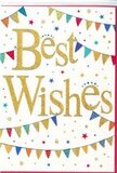 This Best Wishes card radiates the same bright, hopeful spirit as a sunny afternoon wandering through Walthamstow Village, its design both festive and refined. At the centre, large cursive letters in lustrous gold sweep gracefully across a pure white background, the metallic finish catching the light in a way that feels almost like sparkling confetti. The words are slightly raised, giving a tactile impression, as though you could run a fingertip along the curves and feel the message stand proud of the card. Framing this golden script, strings of colourful bunting curve from side to side, reminiscent of decorations you might see at a local street party near Lloyd Park. Each tiny triangular flag is painted in strong, saturated colours-royal blue, crimson, leaf green, sunny yellow, and bright pink-with occasional subtle patterns and specks that mimic glittering detail. The bunting appears to sway very gently, creating an illusion of movement, as if stirred by a soft breeze. Around these garlands, scattered stars and petite dots in matching tones are sprinkled across the white space, echoing the joyful chaos of confetti tossed into the air when someone shares good news. Despite the energy of the design, the composition remains carefully balanced, with plenty of breathing room so the eyes rest naturally on the golden greeting. The card feels ideal for pairing with a hand-tied bouquet delivered anywhere in Walthamstow, whether for new job celebrations, exam successes, or simply to send encouragement. Visually, it carries a mood of sincere happiness and gentle optimism, turning a simple note into a small, shining token of support.