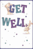 Bright with playful optimism, this get well card brings together two beloved companions-a teddy bear and a spirited puppy-each animated in soulful, affectionate poses around bold 'Get Well' lettering. In tones of deep purple and lush teal, the typography floats atop a soft white background, bursting with the hopeful energy found along Walthamstow's bustling markets. Delicate stars in shades of blue and lavender glisten, casting a gentle glow much like sunlight spilling over the greenery of Lloyd Park. The plush, hand-rendered fur of both characters looks irresistibly soft-inviting an imagined embrace or comforting squeeze, as if each brushstroke were chosen to soothe and uplift. The thoughtful arrangement of colours and textures mirrors the gentle artistry a local florist brings to composing a cheerful get well bouquet for delivery across Walthamstow. In this card, innocence, sincerity, and warm-hearted detail converge, making it an ideal companion to fresh flowers-an emotional salve, thoughtfully offered to cheer anyone on the path to recovery.